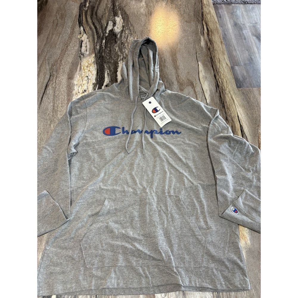 Big Mens Champion Logo Gray Pullover Hooded Long Sleeve T Hoodie Large NWT $40